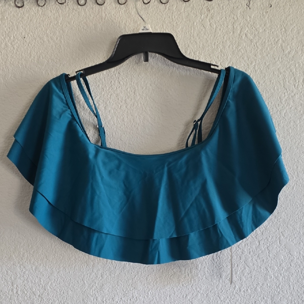 Teal Off-Shoulder Ruffle Swim Top